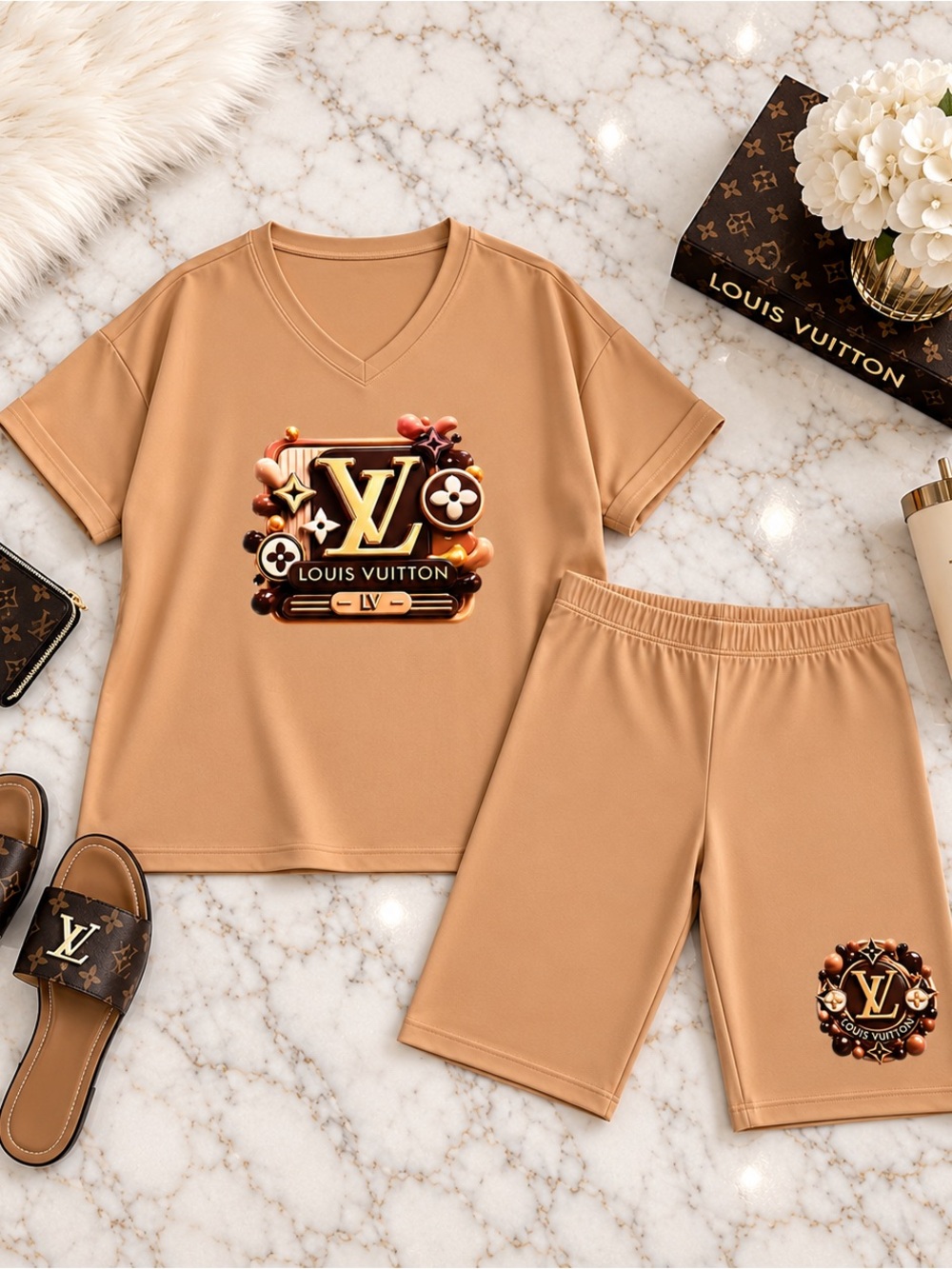 Plus Size Soft Set in Warm Tan with Gold Logo